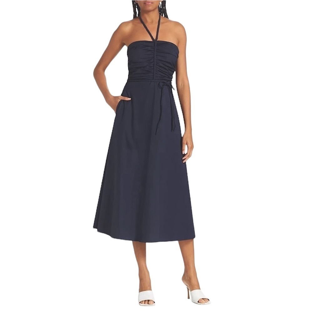 VERONICA BEARD Tucker Ruched Cotton Midi Halter Dress in navy